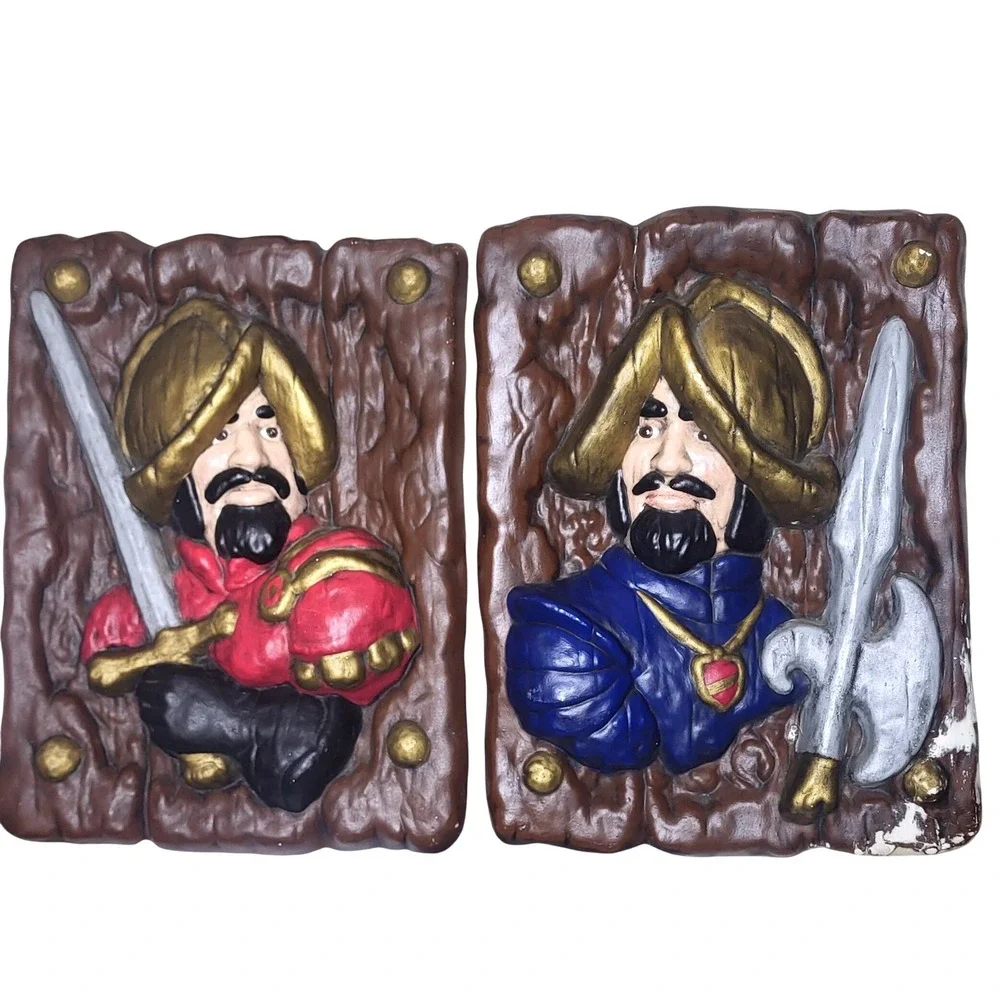 Vintage Spanish Conquistador Wall Art Plaque Set 3D Relief Red Blue Gold 14x10